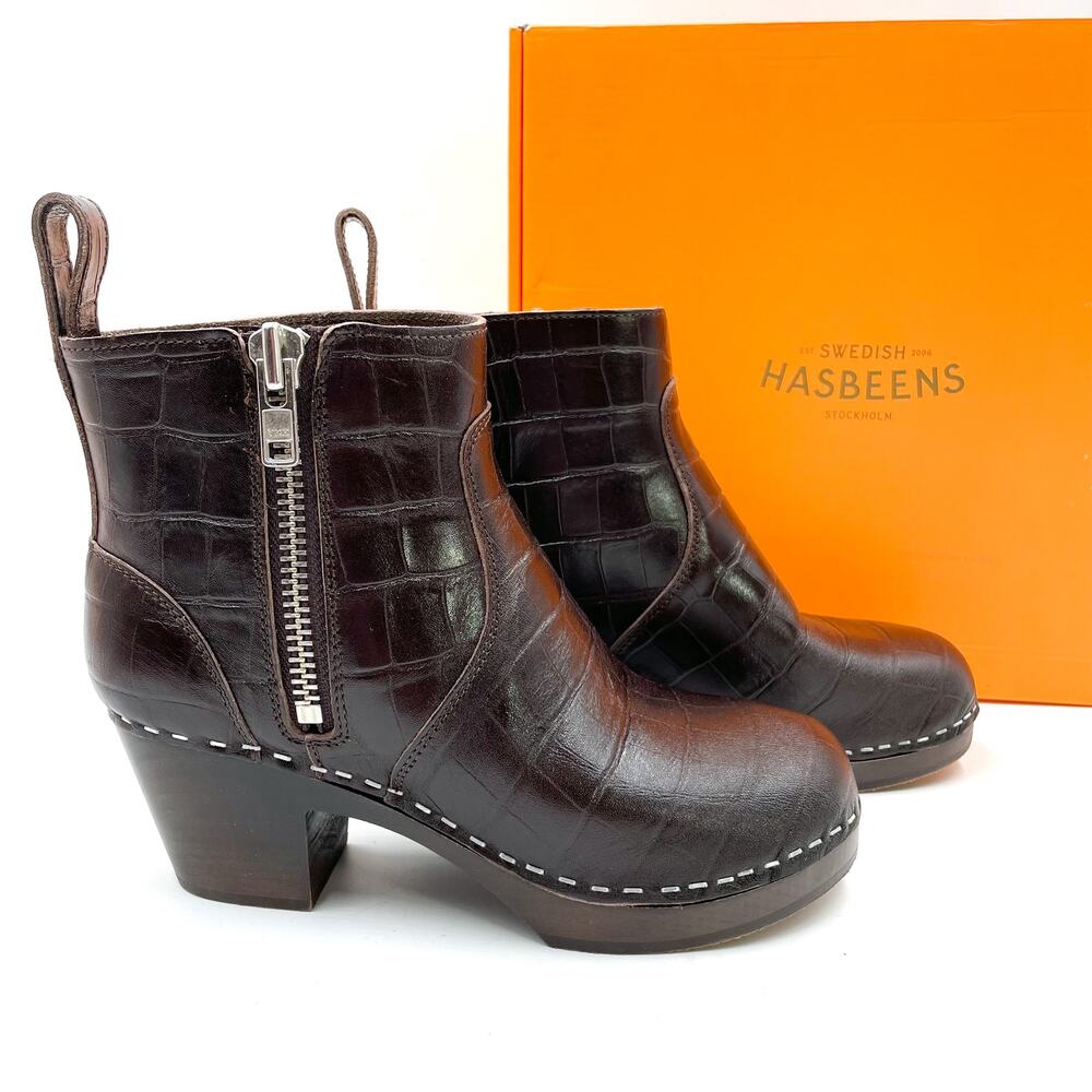 Swedish Hasbeens Zip It Emy Boots Croc Leather Dark Brown Platform Sz 37 / 7‎